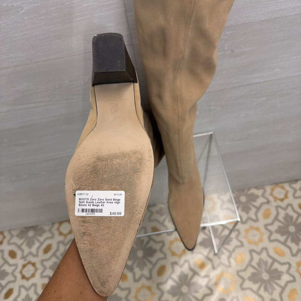 Zara Sand Beige Split Suede Leather Knee High Boots 42