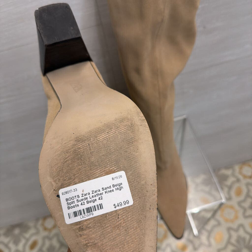 Zara Sand Beige Split Suede Leather Knee High Boots 42