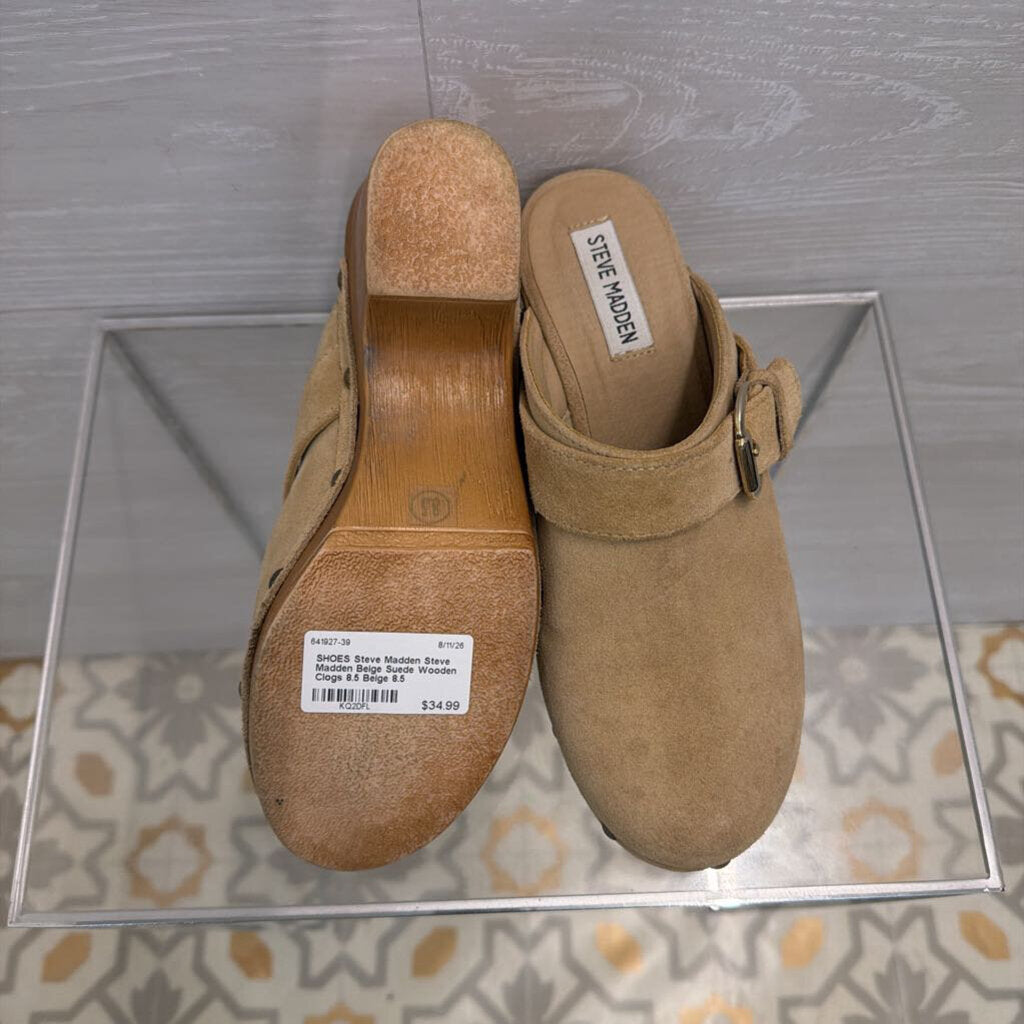 Steve Madden Beige Suede Wooden Clogs 8.5