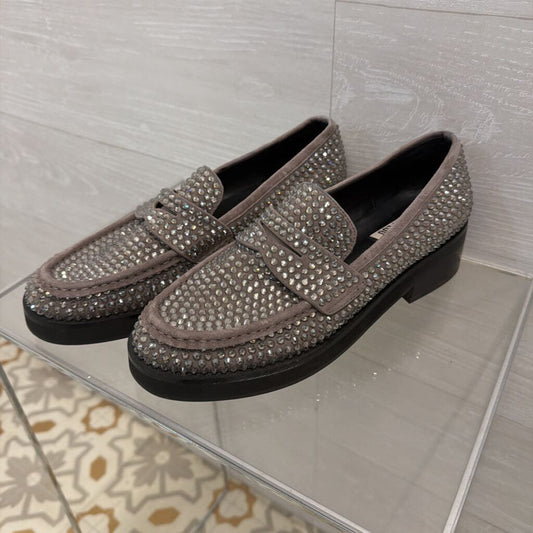Bibi Lou Grey Crystal Embellished Suede Penny Loafers 38