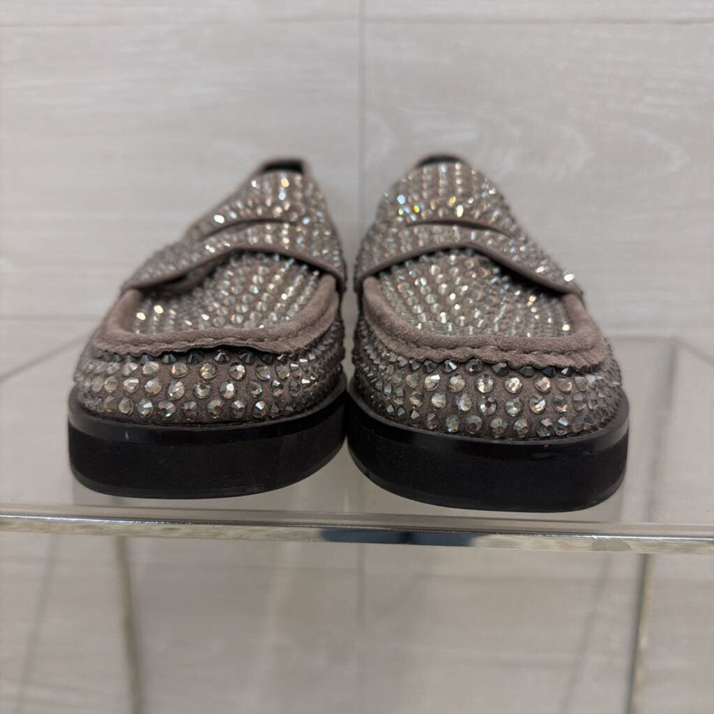 Bibi Lou Grey Crystal Embellished Suede Penny Loafers 38