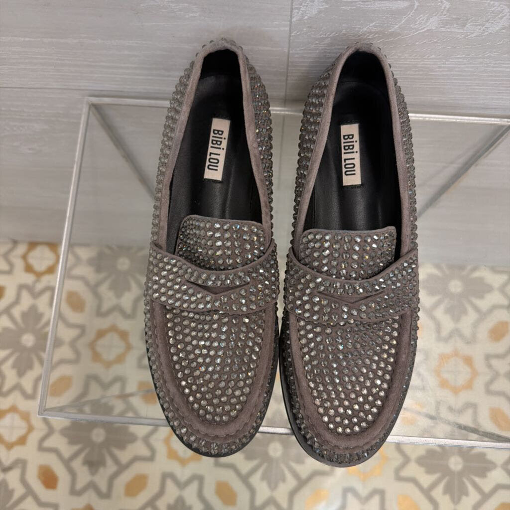 Bibi Lou Grey Crystal Embellished Suede Penny Loafers 38