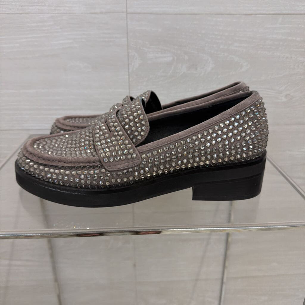 Bibi Lou Grey Crystal Embellished Suede Penny Loafers 38