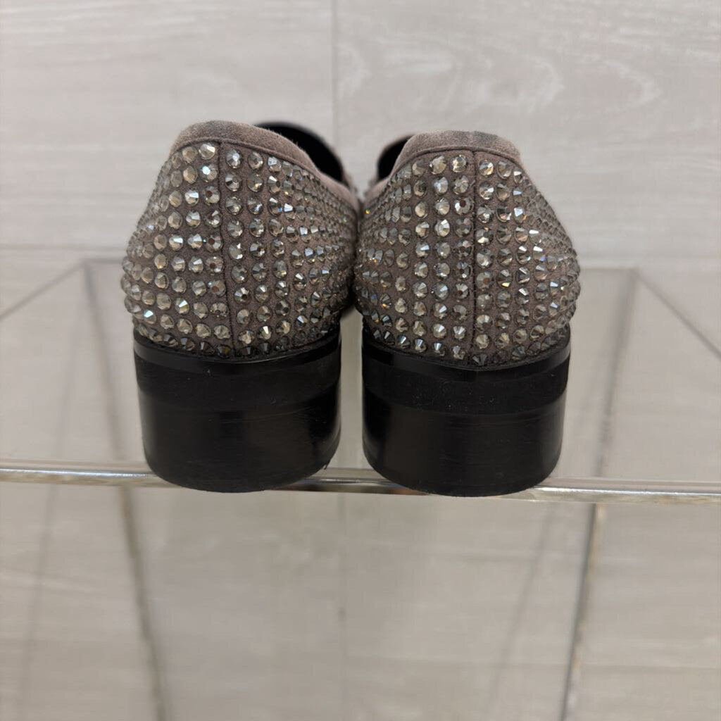 Bibi Lou Grey Crystal Embellished Suede Penny Loafers 38