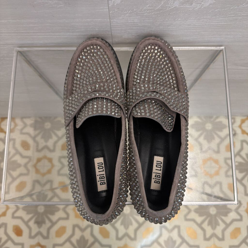 Bibi Lou Grey Crystal Embellished Suede Penny Loafers 38