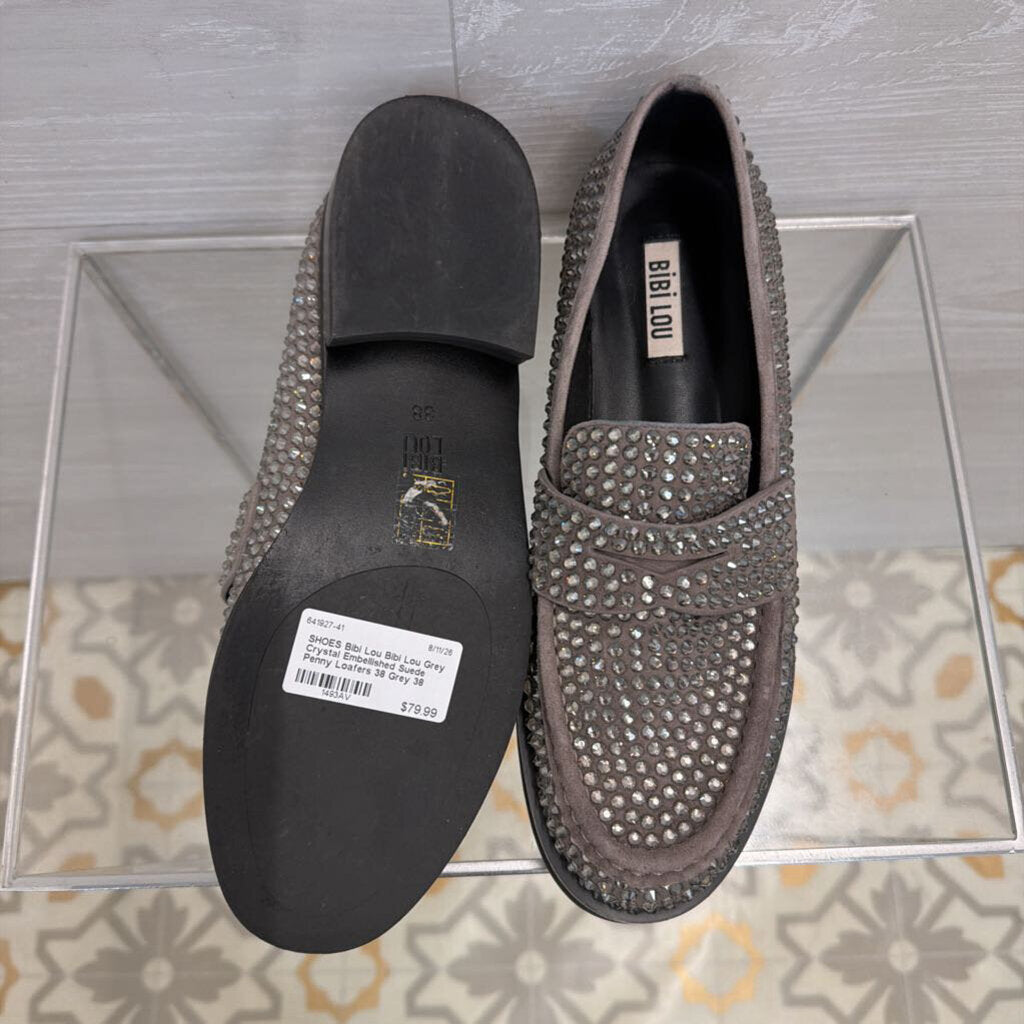 Bibi Lou Grey Crystal Embellished Suede Penny Loafers 38