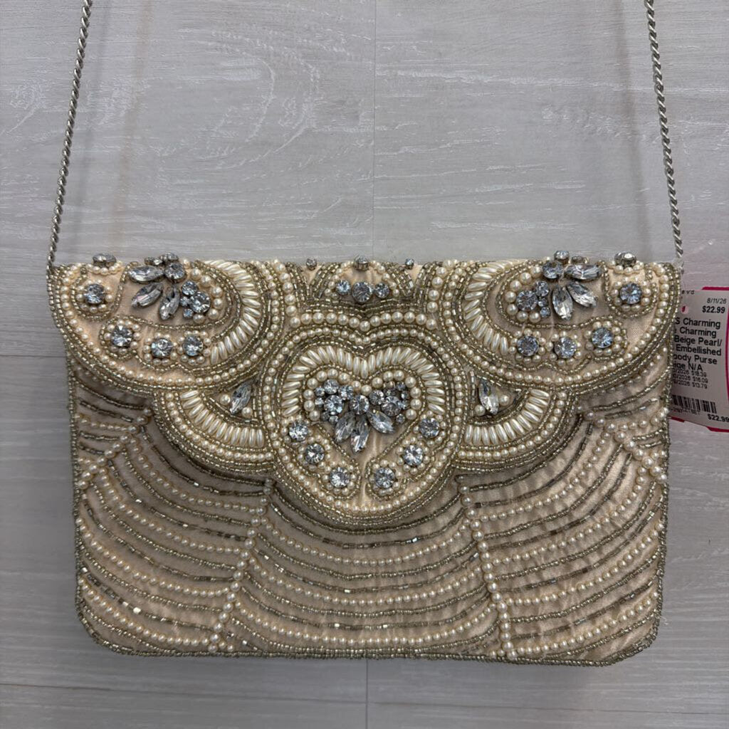 Charming Charlie Beige Pearl/ Crystal Embellished Crossbody Purse
