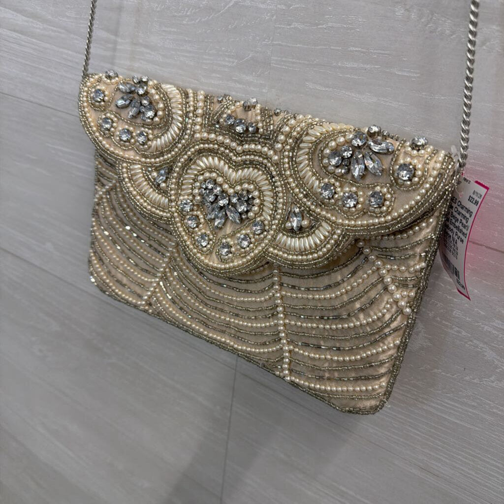 Charming Charlie Beige Pearl/ Crystal Embellished Crossbody Purse