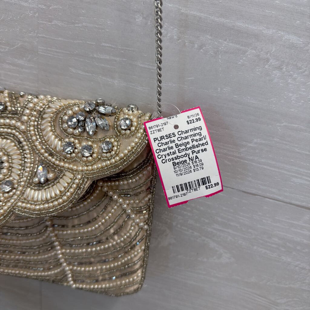 Charming Charlie Beige Pearl/ Crystal Embellished Crossbody Purse
