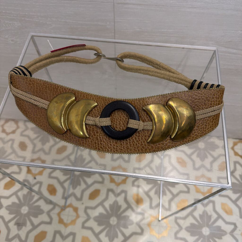 Vintage Ann Taylor Brown Leather Gold Hardware Statement Belt Medium