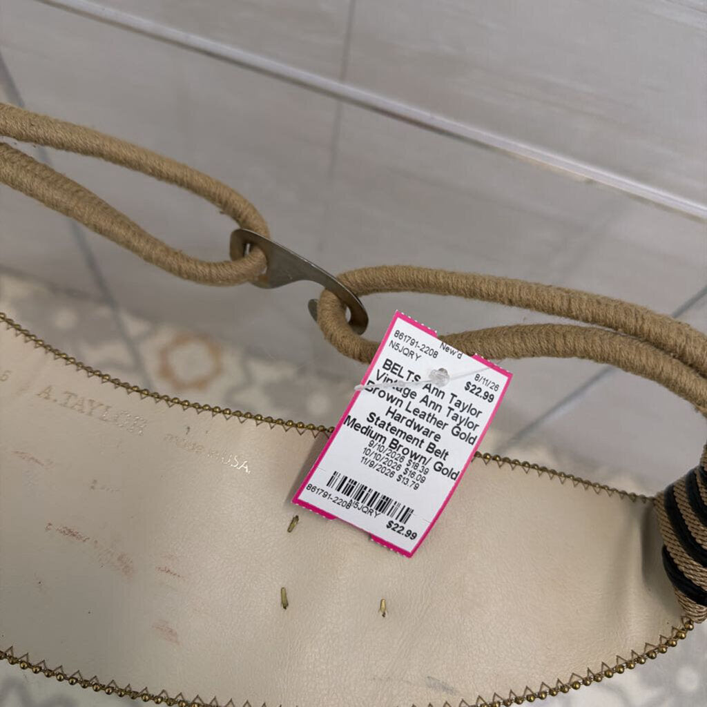 Vintage Ann Taylor Brown Leather Gold Hardware Statement Belt Medium