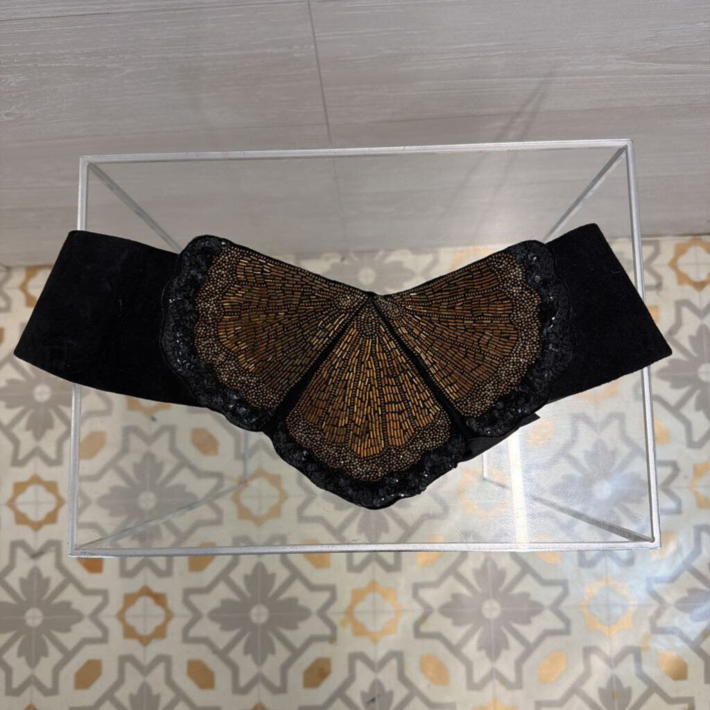 Vintage Peaches En Regalia Black Beaded Tie Back Belt Medium