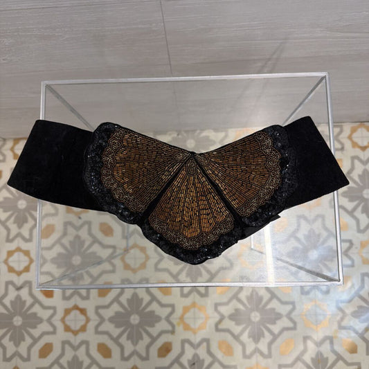 Vintage Peaches En Regalia Black Beaded Tie Back Belt Medium