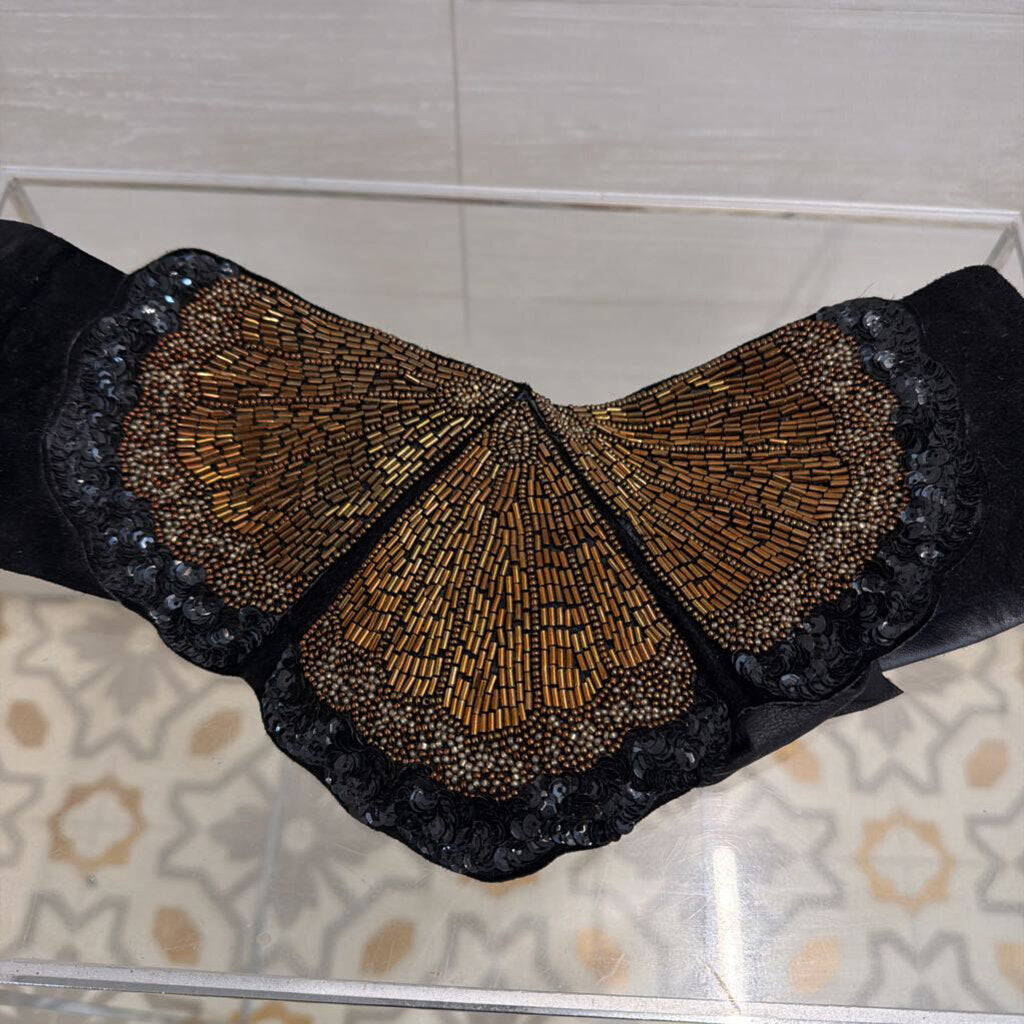 Vintage Peaches En Regalia Black Beaded Tie Back Belt Medium