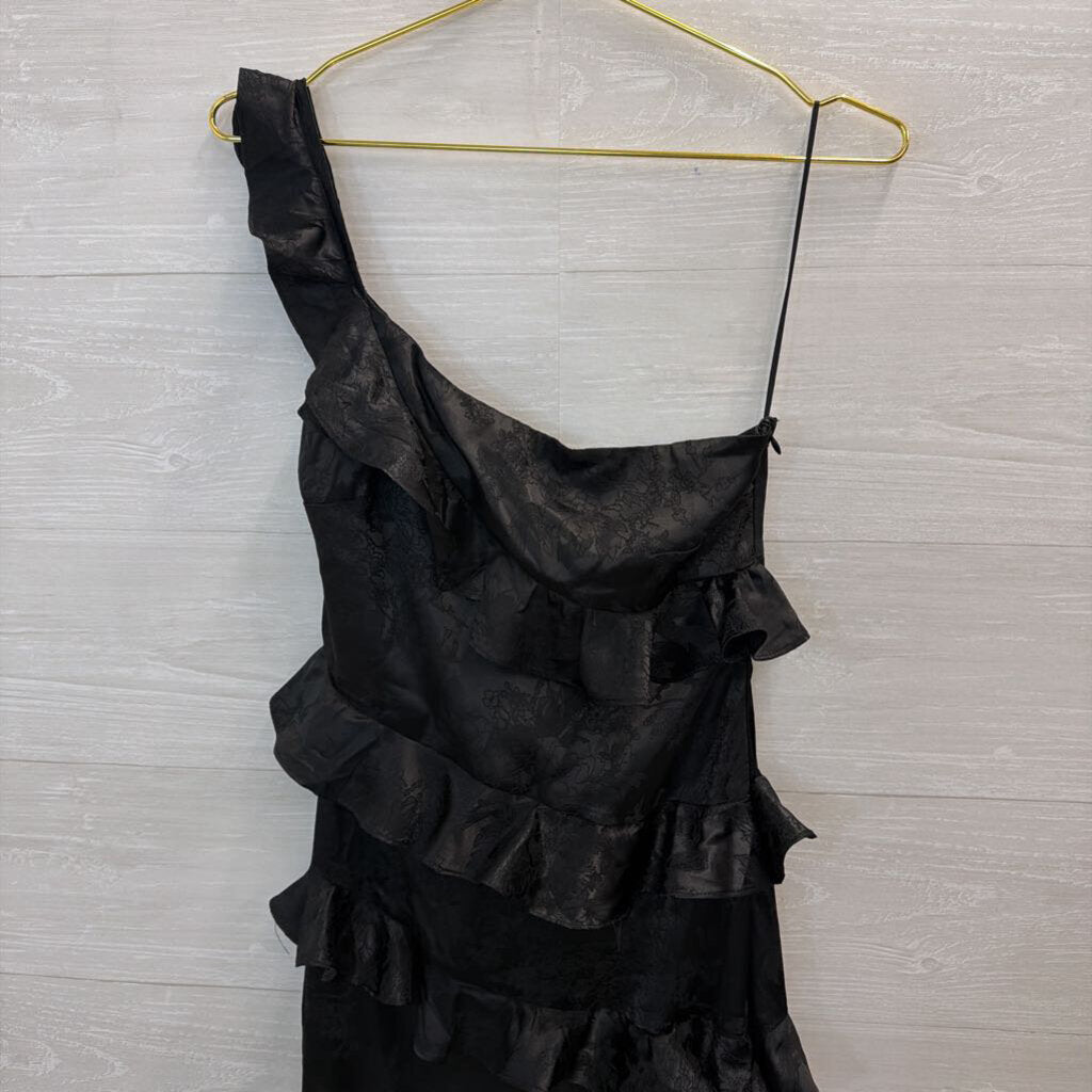 Altar'd State Black Silky Floral Print One Shoulder Ruffle Detail Maxi Dress Extra Small