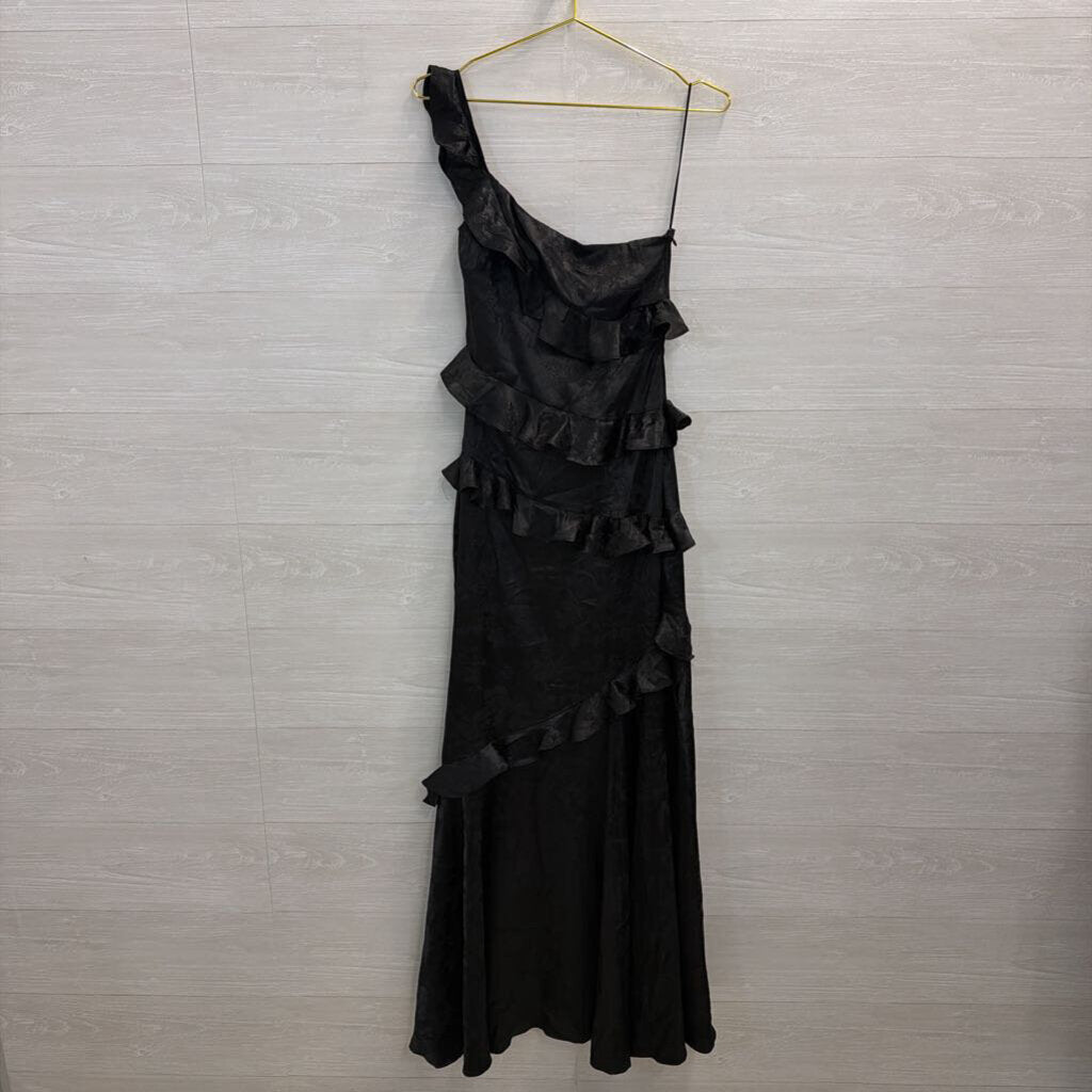 Altar'd State Black Silky Floral Print One Shoulder Ruffle Detail Maxi Dress Extra Small