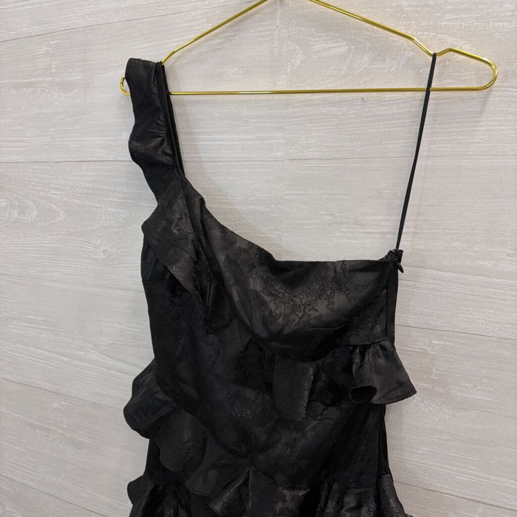 Altar'd State Black Silky Floral Print One Shoulder Ruffle Detail Maxi Dress Extra Small