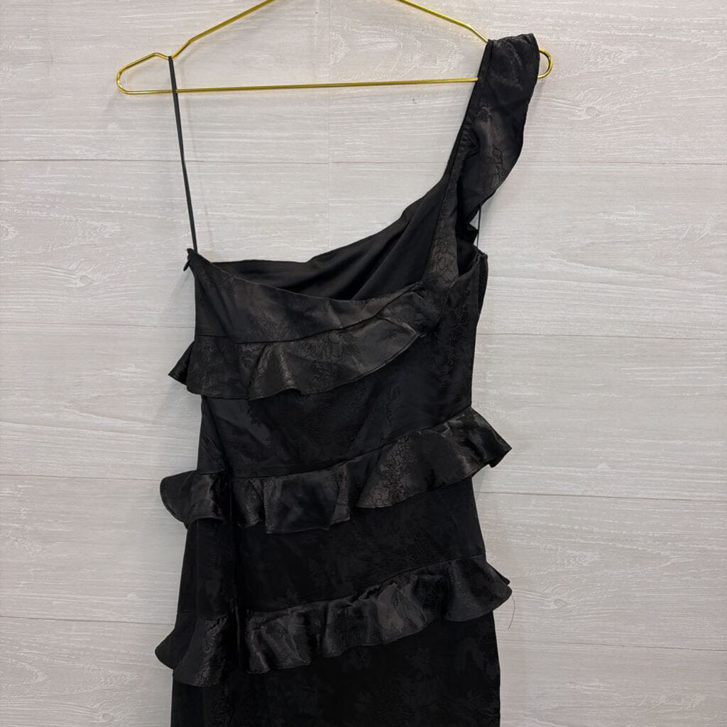 Altar'd State Black Silky Floral Print One Shoulder Ruffle Detail Maxi Dress Extra Small