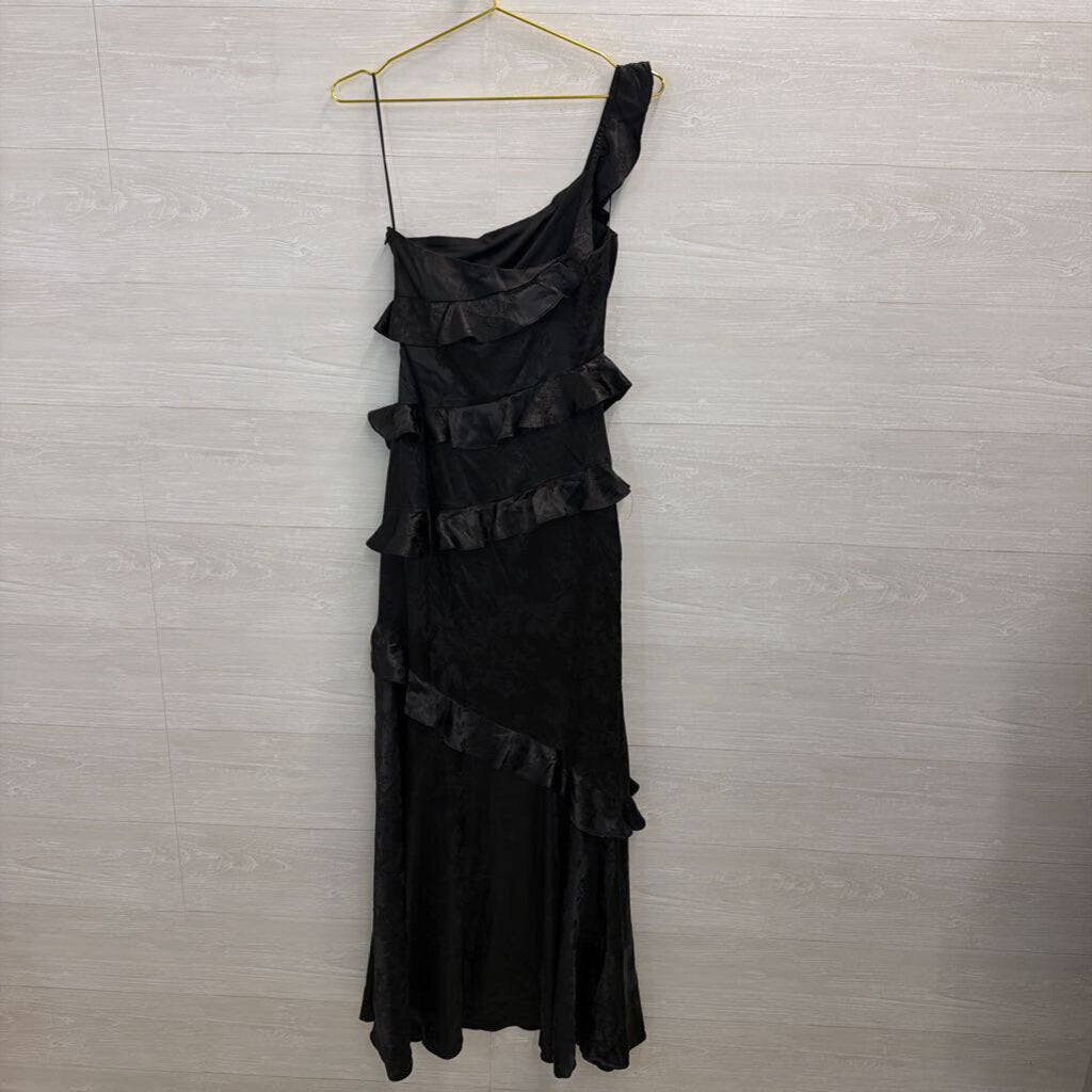 Altar'd State Black Silky Floral Print One Shoulder Ruffle Detail Maxi Dress Extra Small