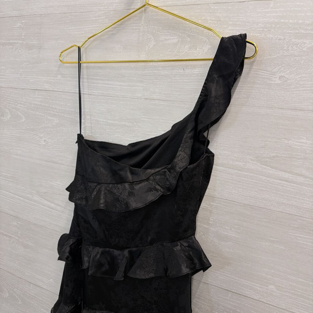 Altar'd State Black Silky Floral Print One Shoulder Ruffle Detail Maxi Dress Extra Small