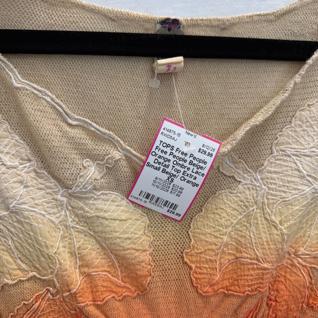 Free People Beige/ Orange Ombre Lace Detail Top Extra Small