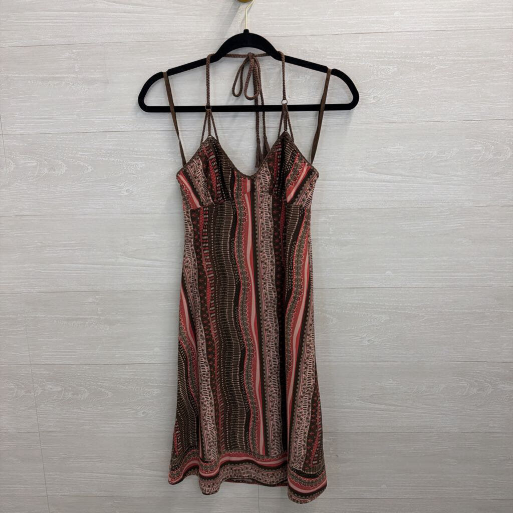 BCBG Brown/ Pink Print Halter Neck Dress Extra Small