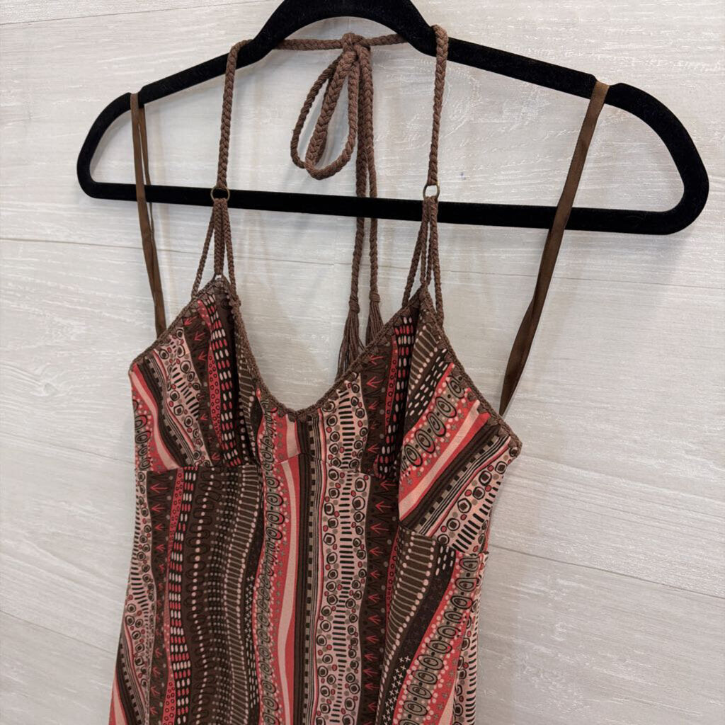 BCBG Brown/ Pink Print Halter Neck Dress Extra Small
