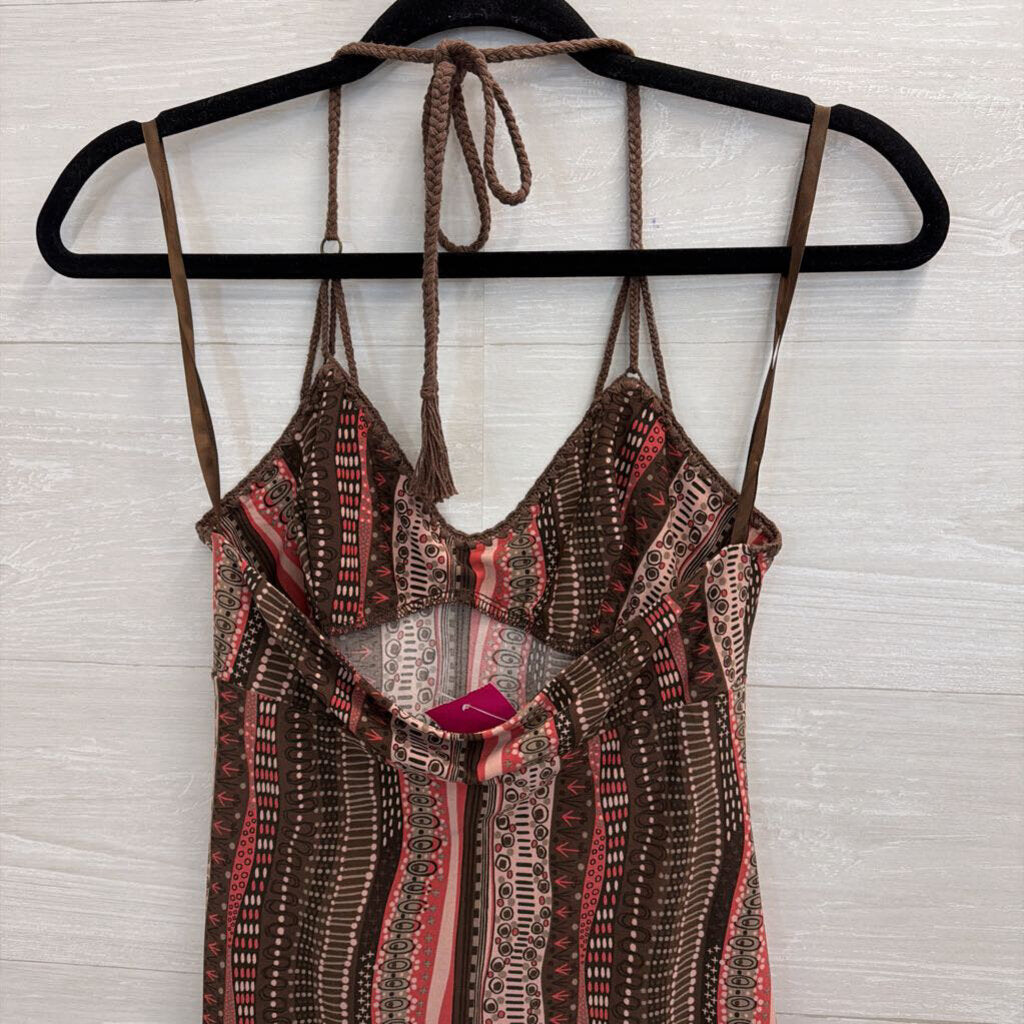 BCBG Brown/ Pink Print Halter Neck Dress Extra Small