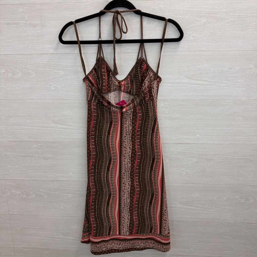 BCBG Brown/ Pink Print Halter Neck Dress Extra Small