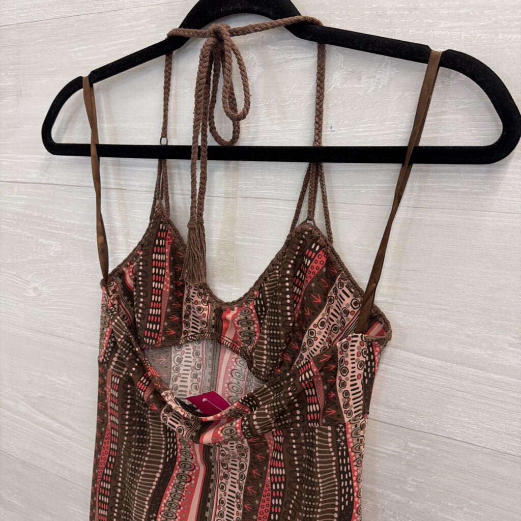 BCBG Brown/ Pink Print Halter Neck Dress Extra Small
