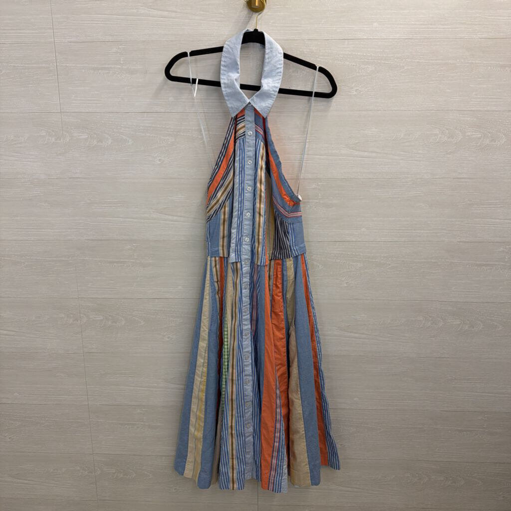 Anthropologie Blue/ Mulit Striped Print Halter Neck Midi Dress 10