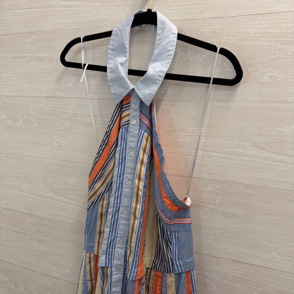 Anthropologie Blue/ Mulit Striped Print Halter Neck Midi Dress 10