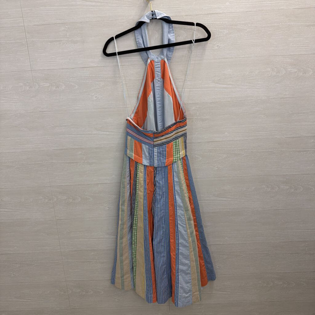 Anthropologie Blue/ Mulit Striped Print Halter Neck Midi Dress 10