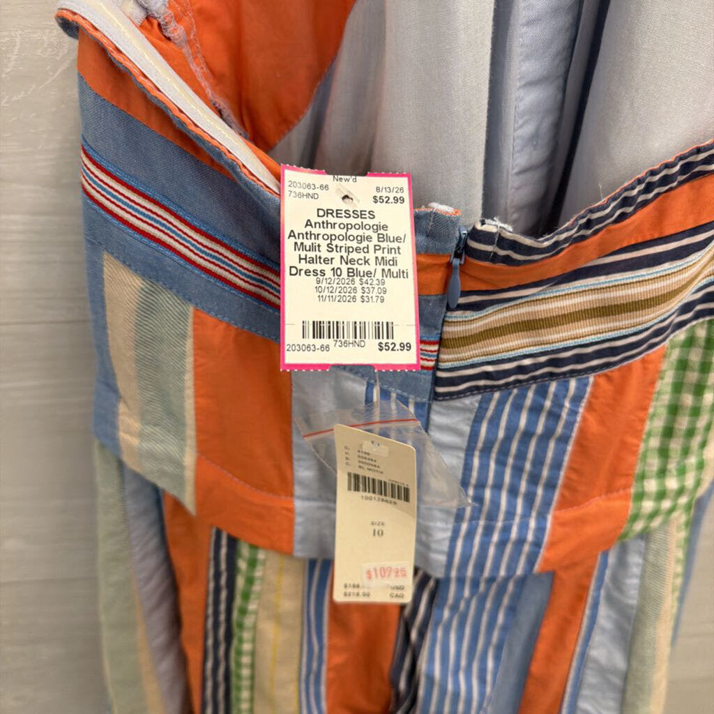 Anthropologie Blue/ Mulit Striped Print Halter Neck Midi Dress 10