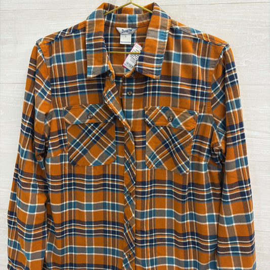 Duluth Orange/ Blue Plaid Long Sleeve Button Down Top Large