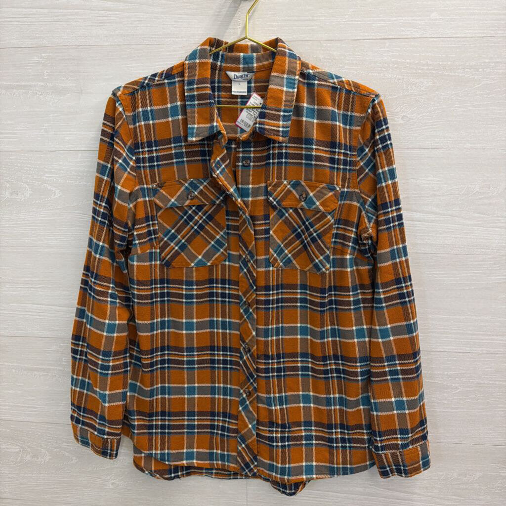 Duluth Orange/ Blue Plaid Long Sleeve Button Down Top Large