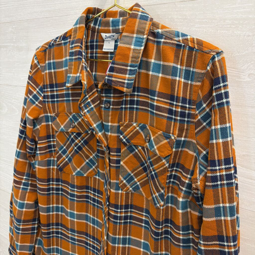 Duluth Orange/ Blue Plaid Long Sleeve Button Down Top Large
