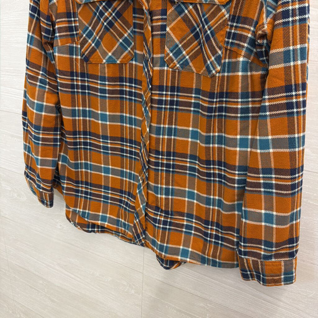 Duluth Orange/ Blue Plaid Long Sleeve Button Down Top Large
