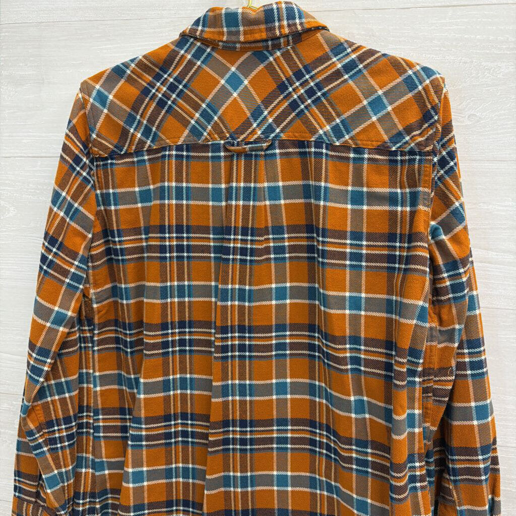 Duluth Orange/ Blue Plaid Long Sleeve Button Down Top Large