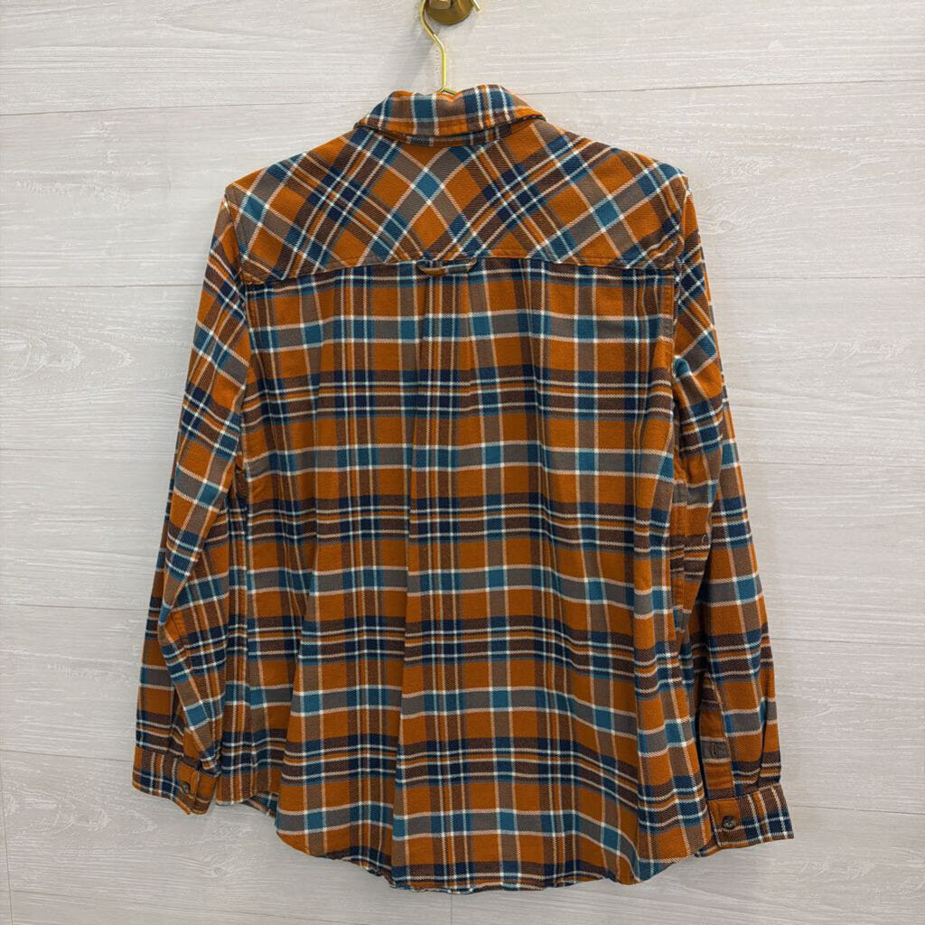 Duluth Orange/ Blue Plaid Long Sleeve Button Down Top Large