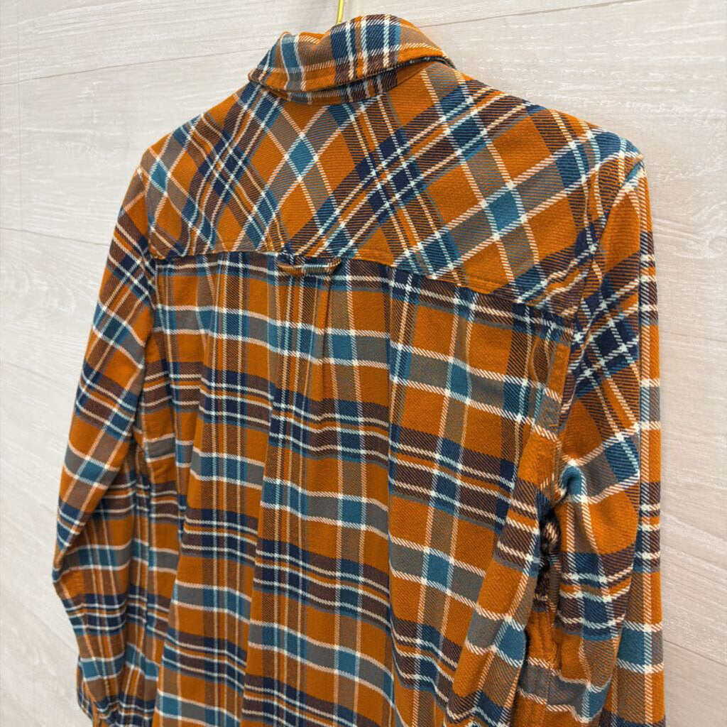 Duluth Orange/ Blue Plaid Long Sleeve Button Down Top Large
