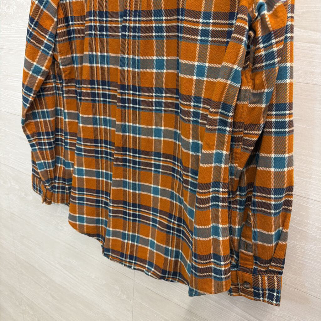 Duluth Orange/ Blue Plaid Long Sleeve Button Down Top Large