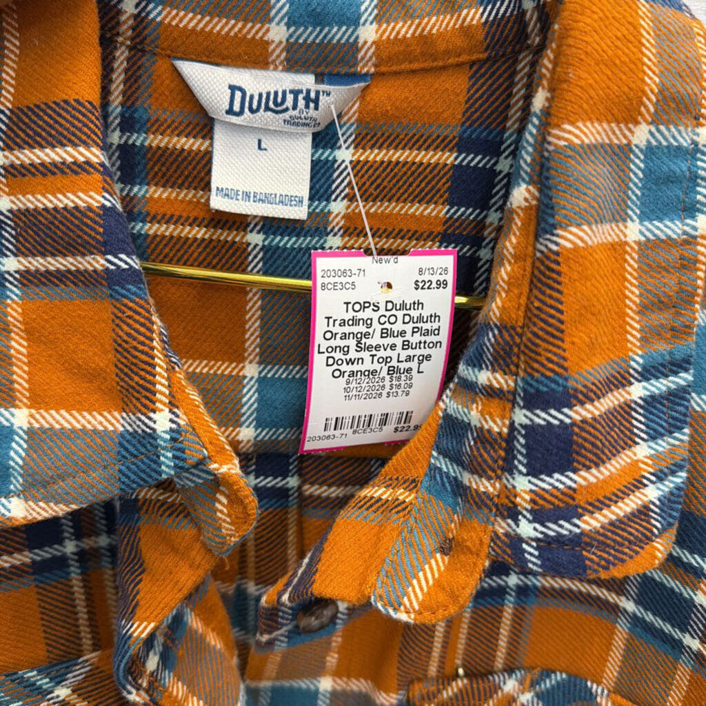 Duluth Orange/ Blue Plaid Long Sleeve Button Down Top Large