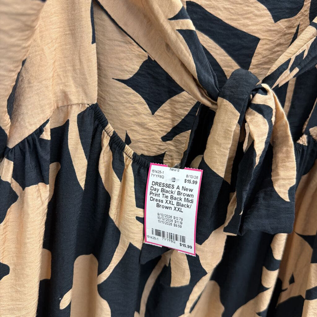 Black/ Brown Print Tie Back Midi Dress XXL