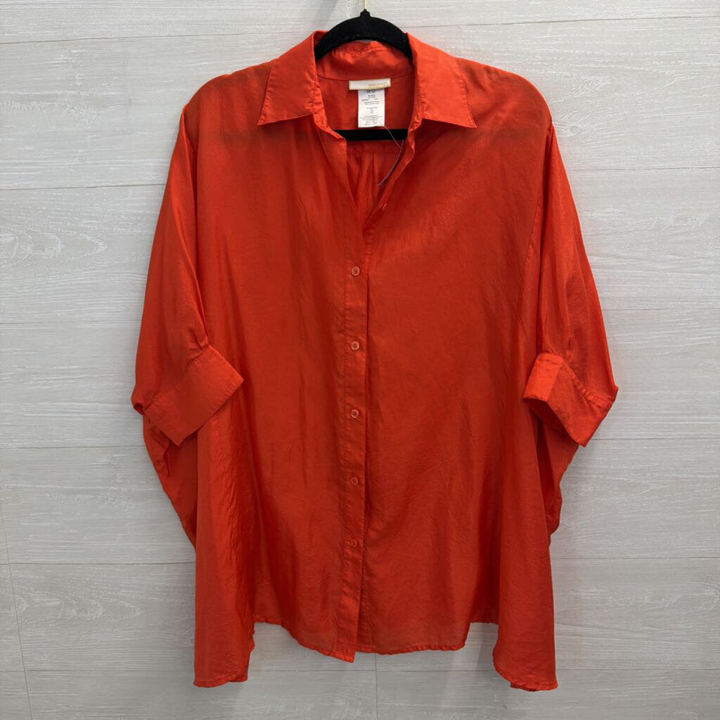 Michael Kors Orange 100% Silk Boxy Sleeve Oversized Button Down Top Small