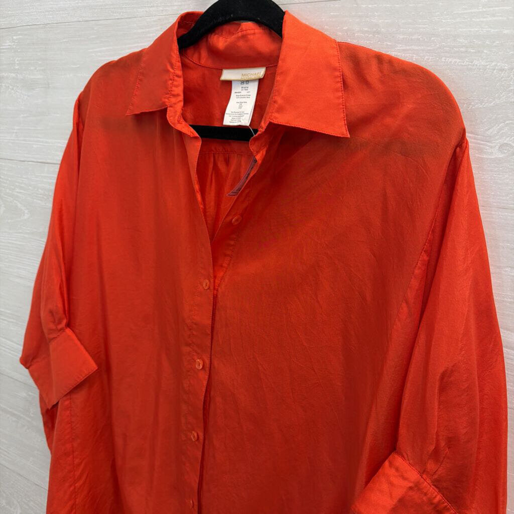 Michael Kors Orange 100% Silk Boxy Sleeve Oversized Button Down Top Small