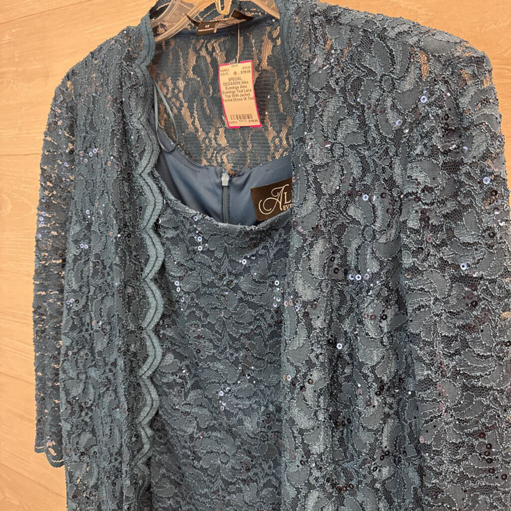 Alex Evenings Teal Lace Top With Jacket Formal Dress 14