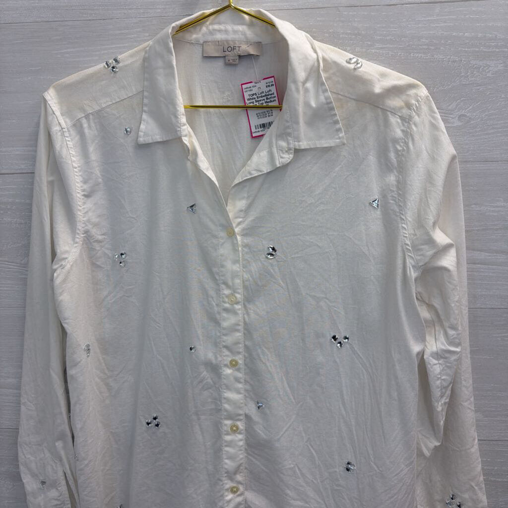 Loft White Embellished Long Sleeve Button Down Top Medium