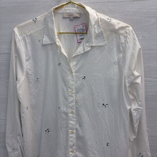 Loft White Embellished Long Sleeve Button Down Top Medium
