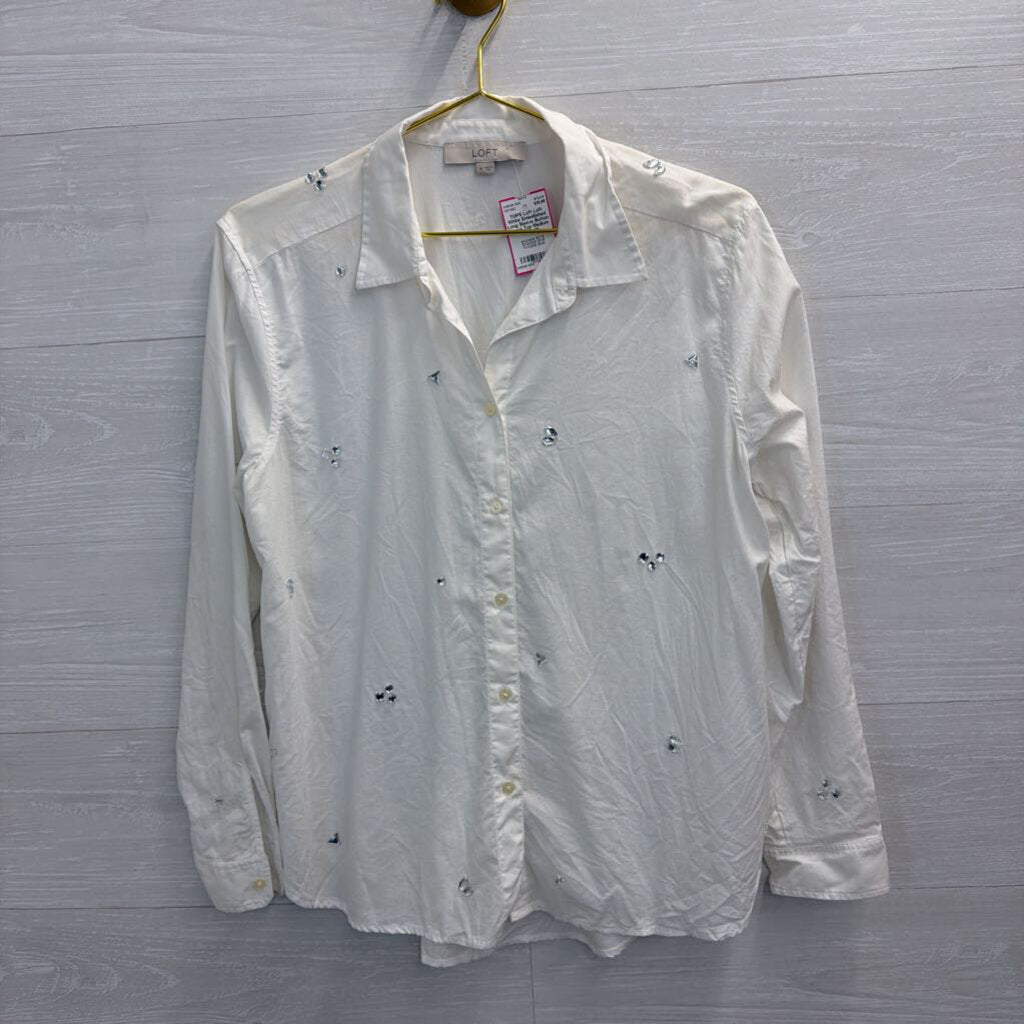 Loft White Embellished Long Sleeve Button Down Top Medium